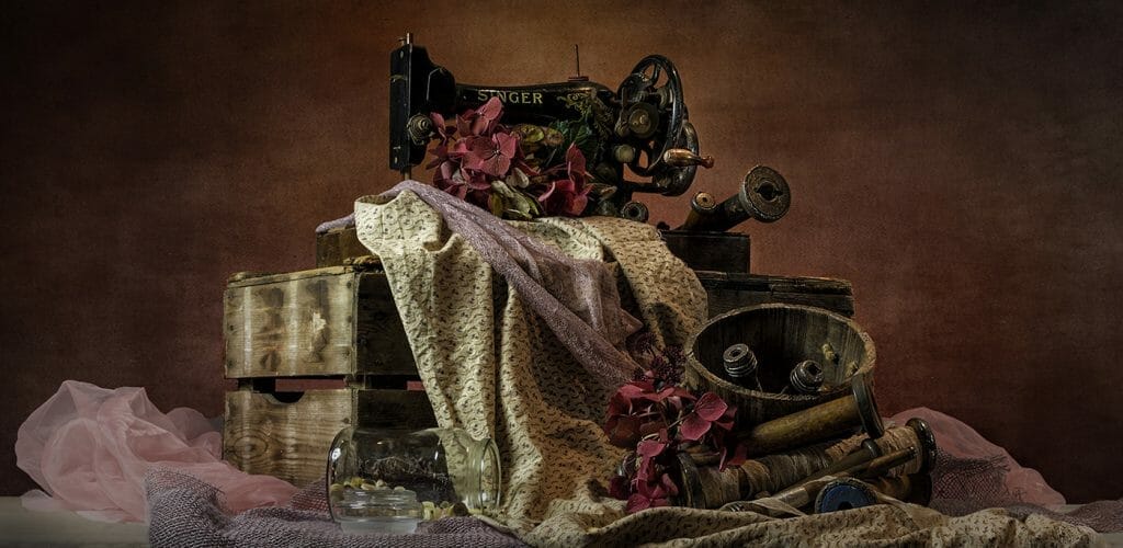 Old Singer Sewing Machine with Vintage Material and Flowers Still Life Photography Photo taken at the Welshot Photographic Academy Workshop