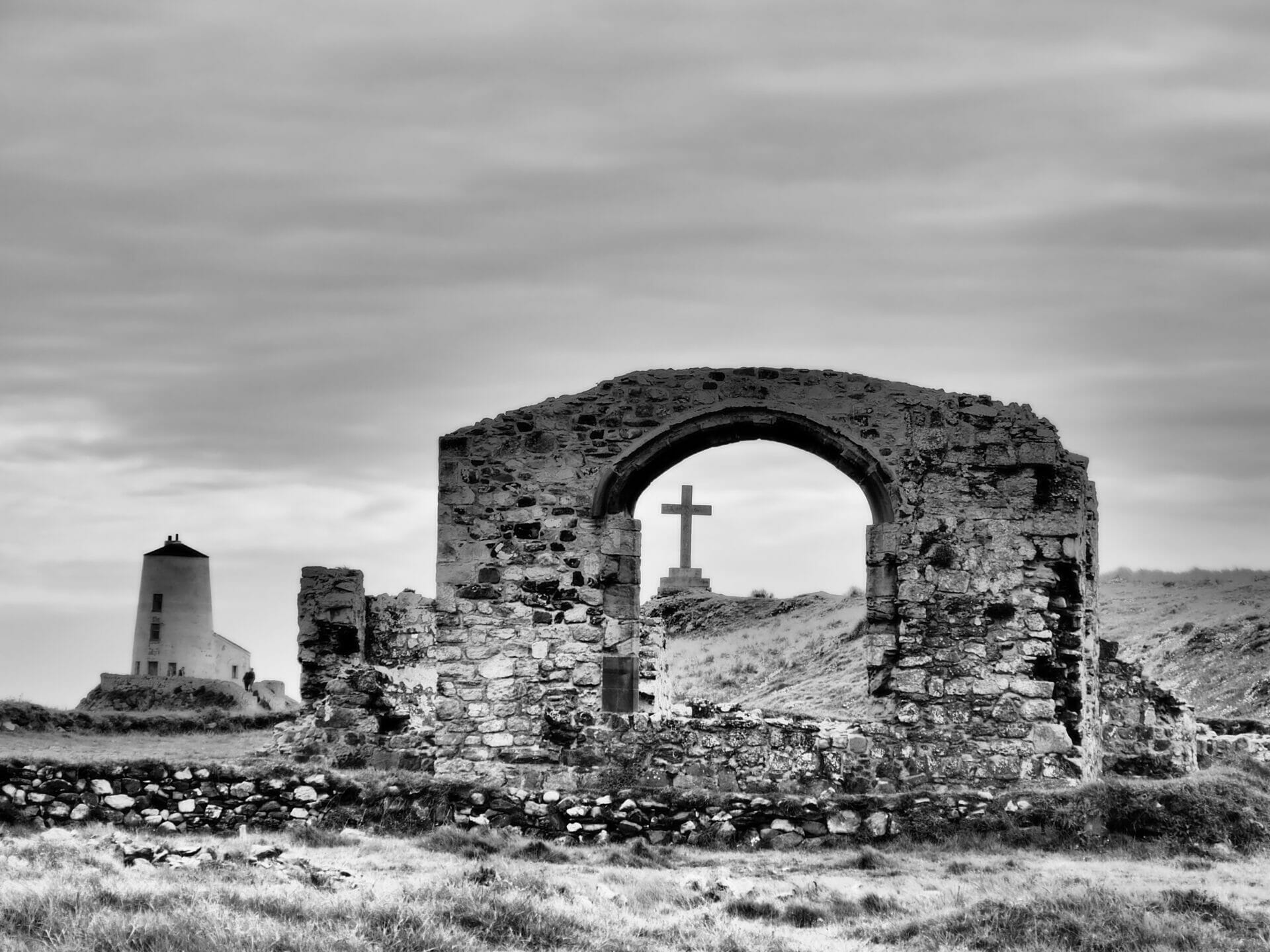 Black and White Photograph of Lighthouse on Llanddwyn Island Anglesey North Wales. Taken on a Welshot Photographic Event