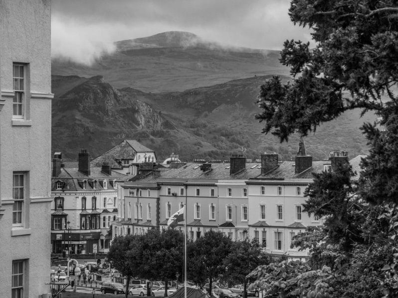 Black and White Photo taken from the Great Orme in Llandudno looking towards Mostyn Street and Conwy Mountain in North Wales