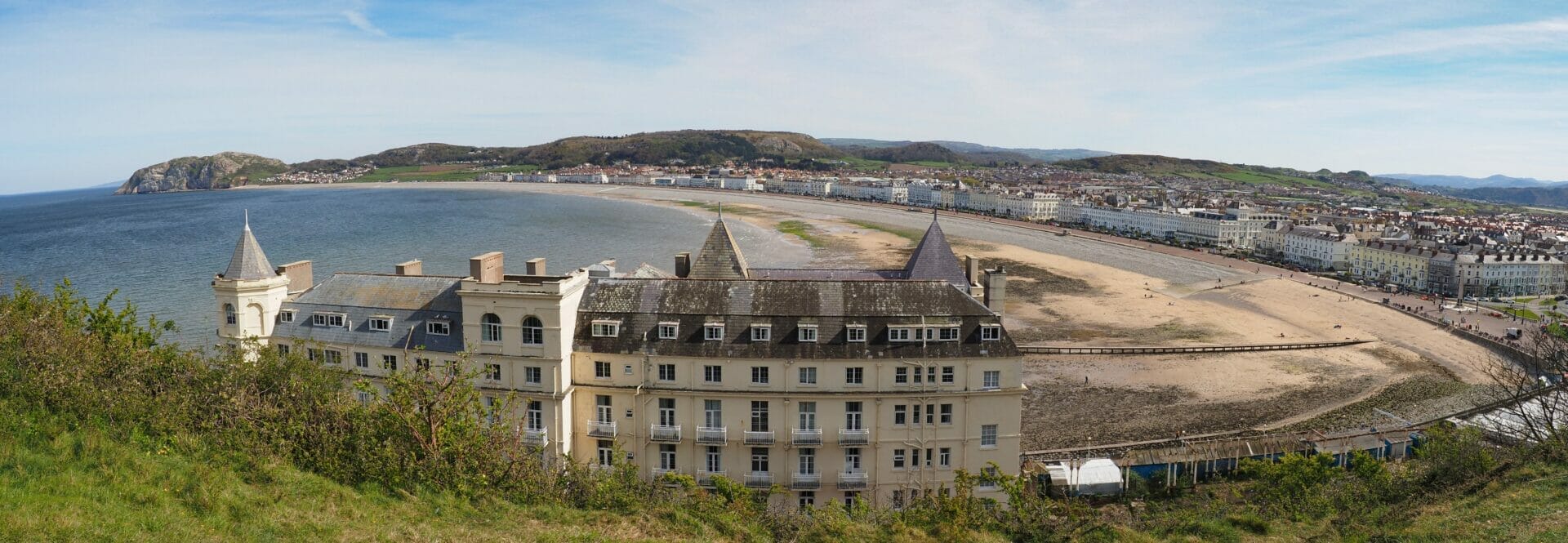 Panorama colour photo of Llandudno Town and Bay from behind the Grand Hotel taken from the Great Orme in North Wales