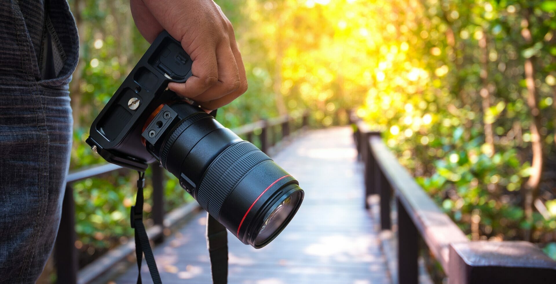 Man walking along a bridge into a sun kissed forest area with a camera in his hand showing how photography can help with anxiety