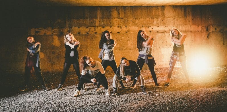 Colour Photo of a group of girls from the Street Dance Troupe Autonomy in Chester - Dancing on Location Off Camera Flash Photography at the Welshot Photographic Academy Evening