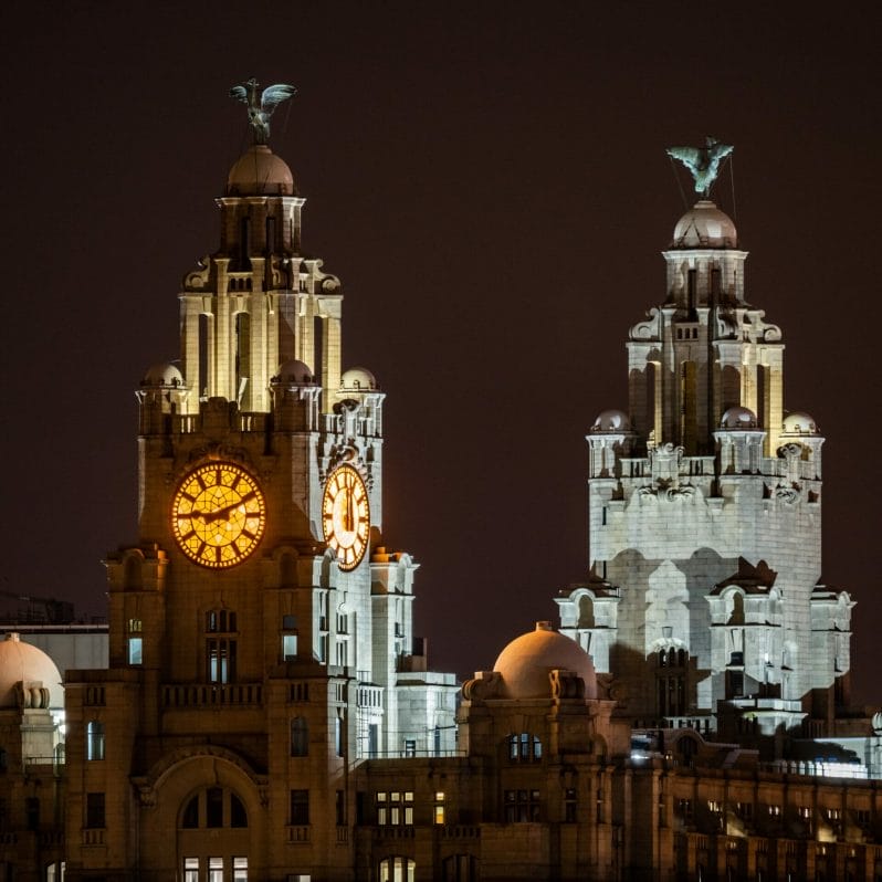 Photo of the Liver Buildings taken at night from Birkenhead