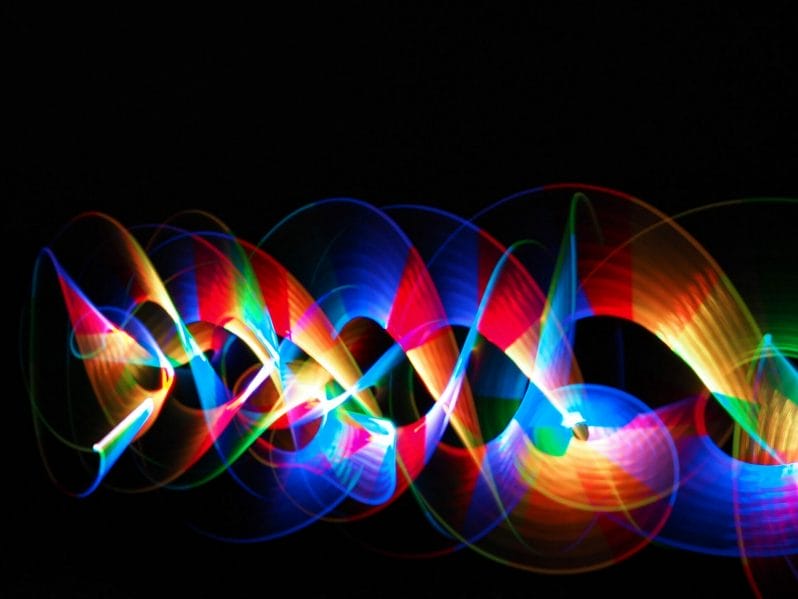 Long exposure photo of coloured lights being waved about on a Welshot Light Painting workshop on Anglesey, North Wales