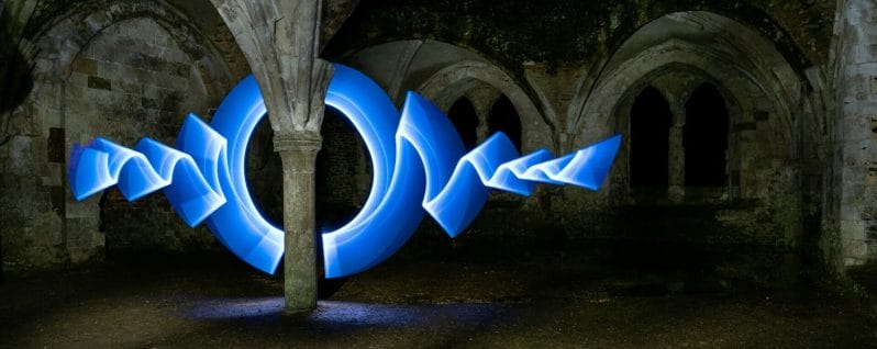 Photo showing an image created by painting with light in an old church crypt