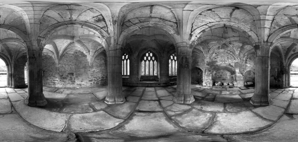 Black and White Panoramic photograph of Valle Crucis Abbey