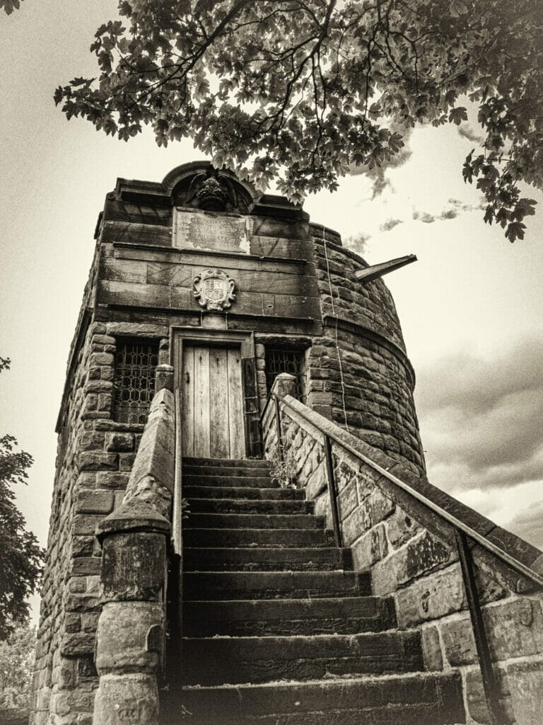 Black and white Photo of King Charles Tower in Chester
