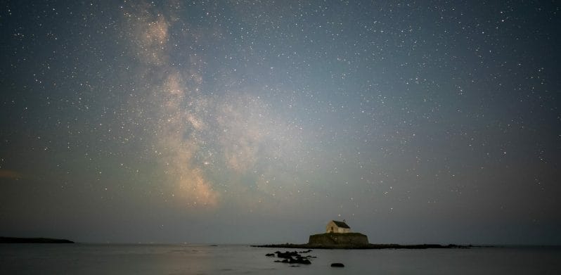 Photo of the Church in the Sea on Anglesey with the Night Sky and Milky Way