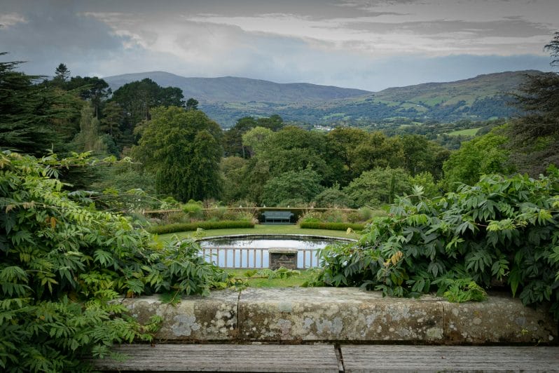 Photo of the landscape and view from Bodnant Gardens overlooking the Conwy Valley and Snowdonia foothills in North Wales