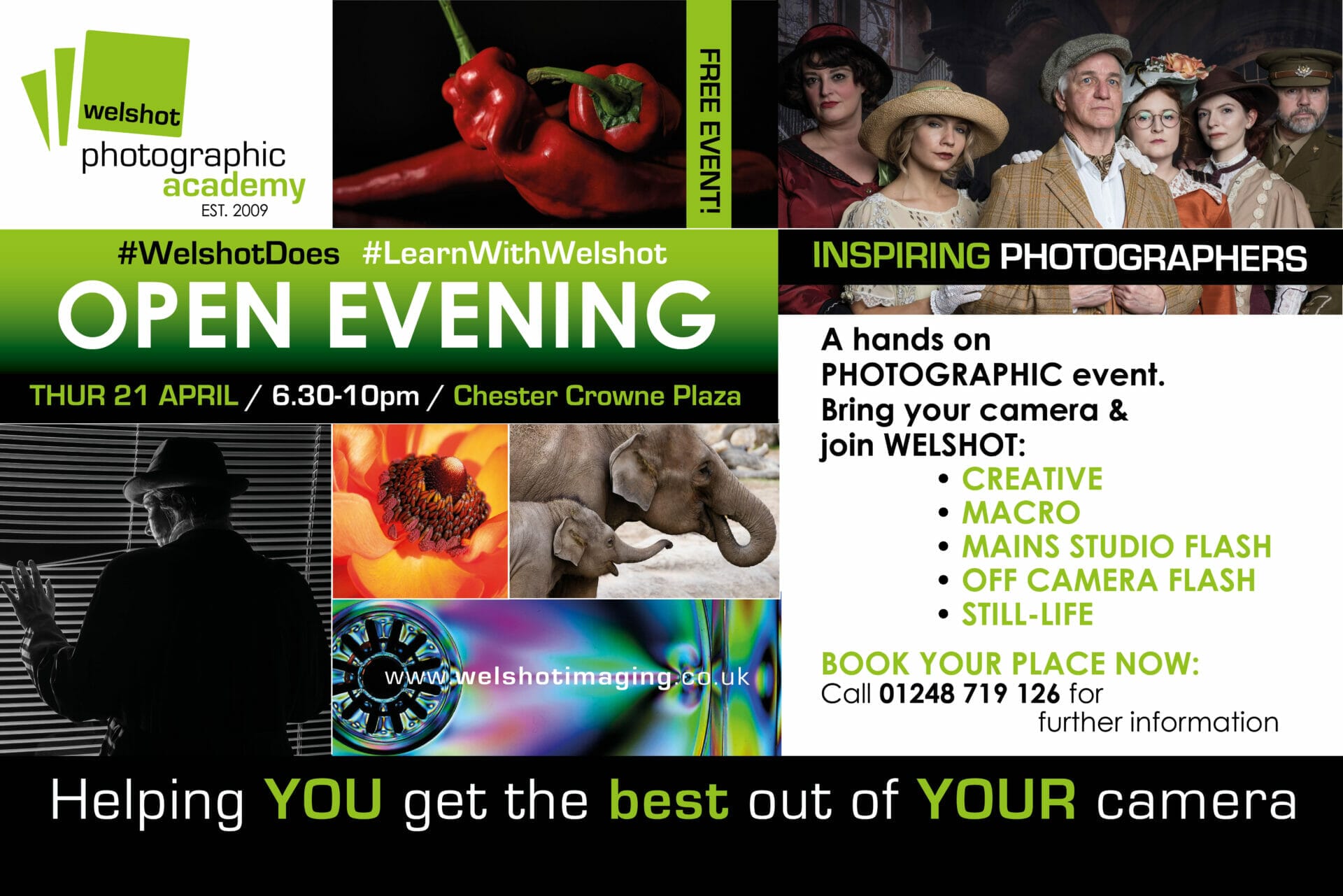 An image graphic advertising An Open Evening With The Welshot Photographic Academy - Features photos of flowers, people red peppers and elephants
