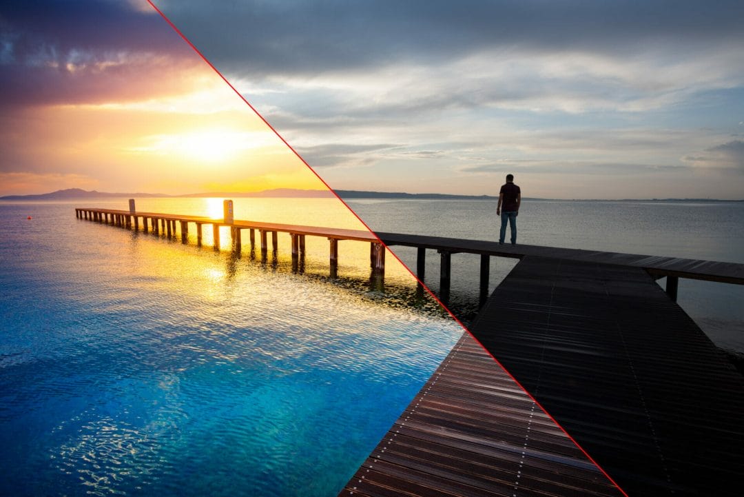 Photograph showing a man in silhouette on a pier - indicating a non processed / edited image vs an edited image advertising the Welshot Photographic Academy  Post Processing & Editing for Photography workshop