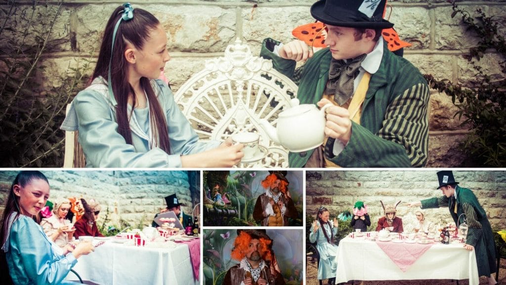Mad Hatter & Alice - Themed Photo-Shoot - A montage of five images showing Alice in Wonderland and the Mad Hatter